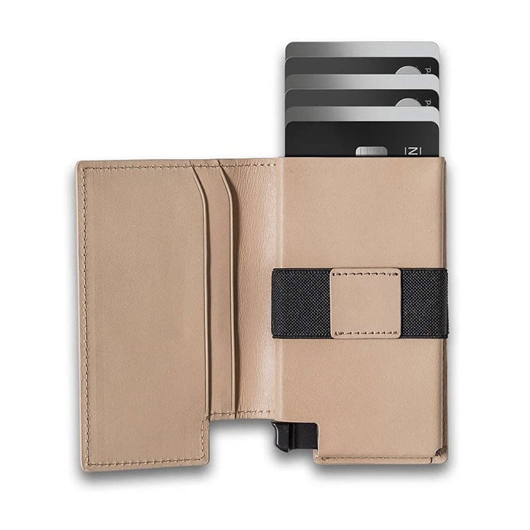 Aluminum RFID Custom logo Genuine Cow Leather Metal id Credit Card Holder Pop Up Card Holder case Wallet