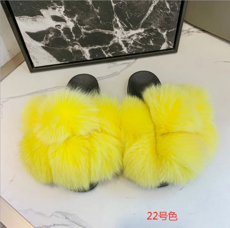 
Wholesale customized colorful cute pom pom balls fox fur slides fluffy multi-color fruffy fur slippers 
