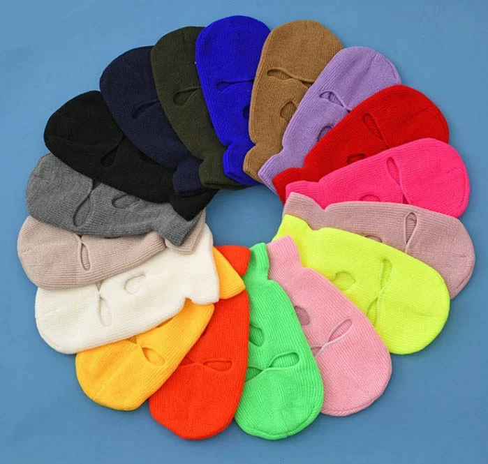 Дешевая оптовая продажа, акриловая вязаная однотонная Лыжная маска с 3 отверстиями, облегающая маска для лица, Балаклава