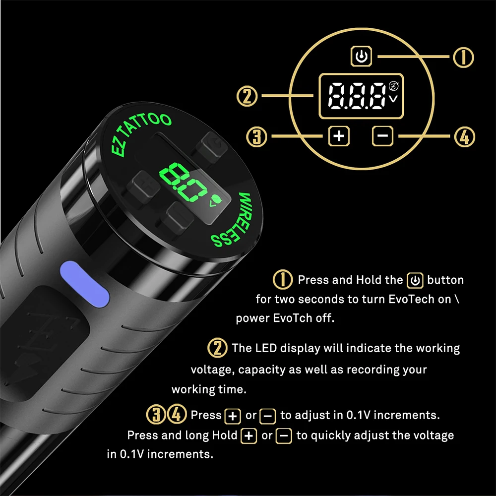 EZ tattoo EvoTech pen machine 2 grips 1600mAh battery pack tattoo pen machine wireless tattoo machine with Digital LED Display