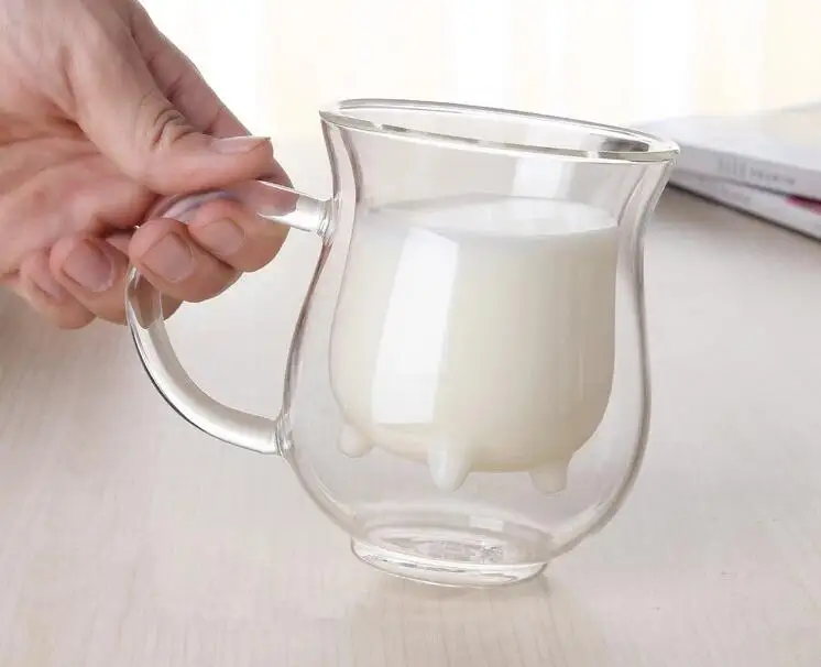 Custom Funny Cow Shape Design Double Layer Glass Coffee Milk Mug Cup With Logo Customize