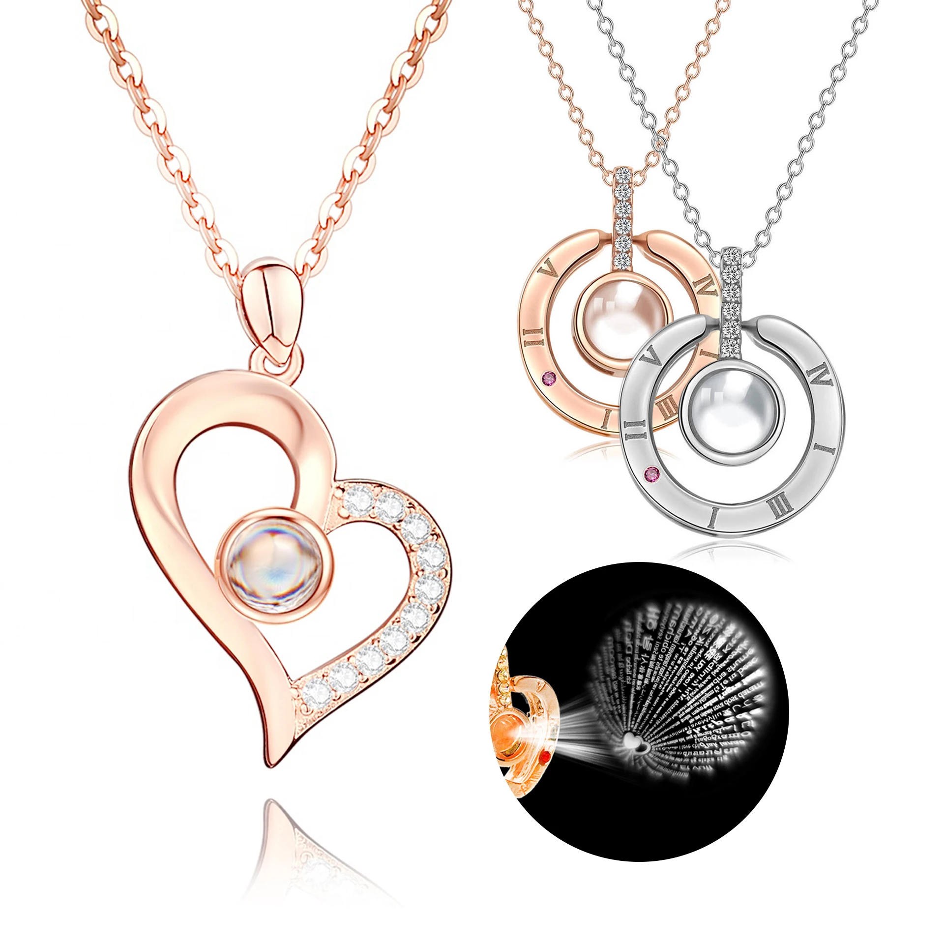D1991 Valentines Day Gift 100 Languages I Love You Wedding Projection Necklace Gold Heart  I Love You Memory Projection Necklace