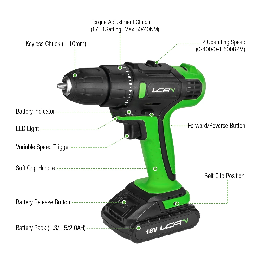 
Household 18V Cordless Drill 2 Speed Drill Cordless 17+1 Cordless Drill With LED Light 