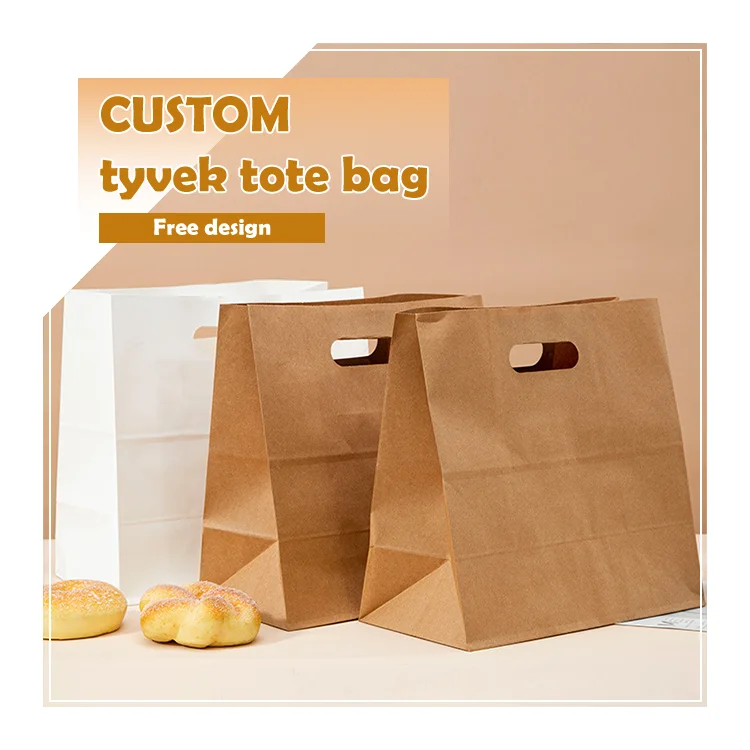 Custom design flat die cut handle restaurant delivery take out packaging carry brown kraft takeaway food paper bag