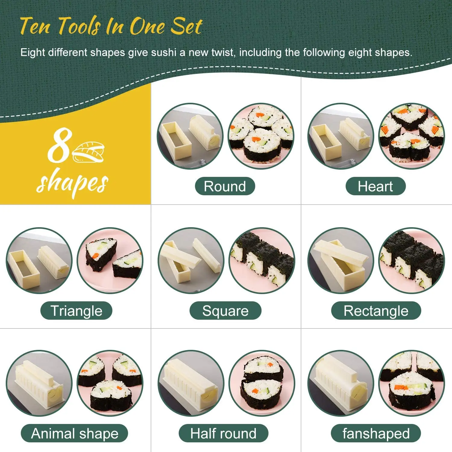 10 Pieces Sushi Making Set Plastic Sushi Maker Sushi Rice Roll Mold Shapes White DIY Homemade