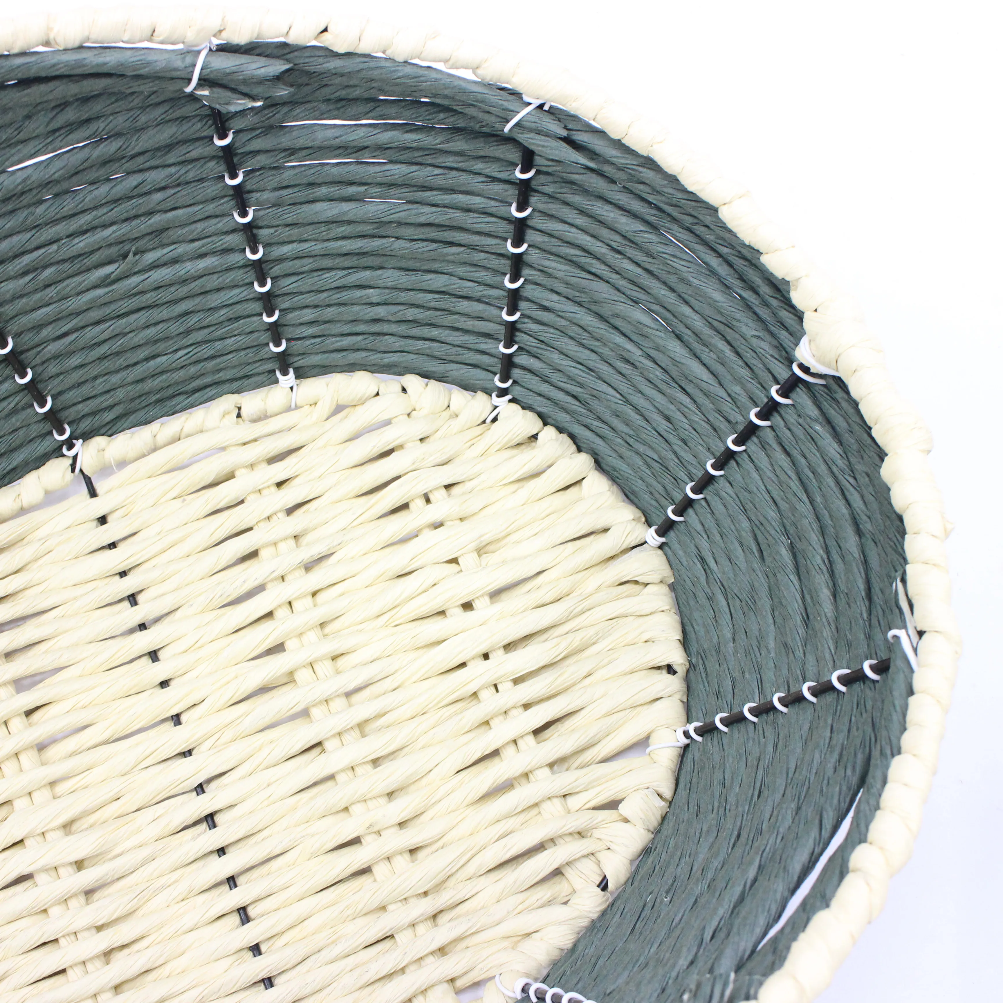 European style high handle dark green beige paper rope wood chips mixed high quality flower basket storage basket