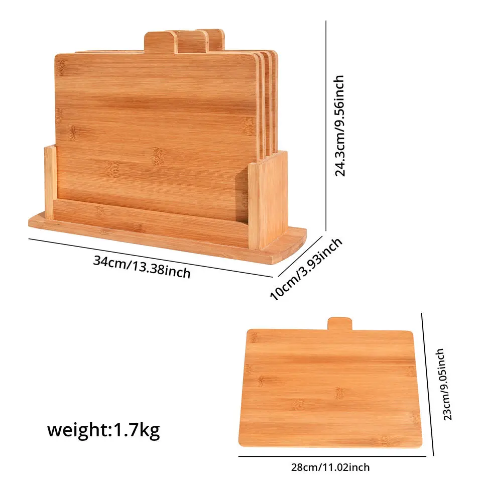 5 In 1 Bamboo Cutting Chopping Board Set With Stand Acacia Wood Food Sign Labels Meat Fish Bread Vegetable