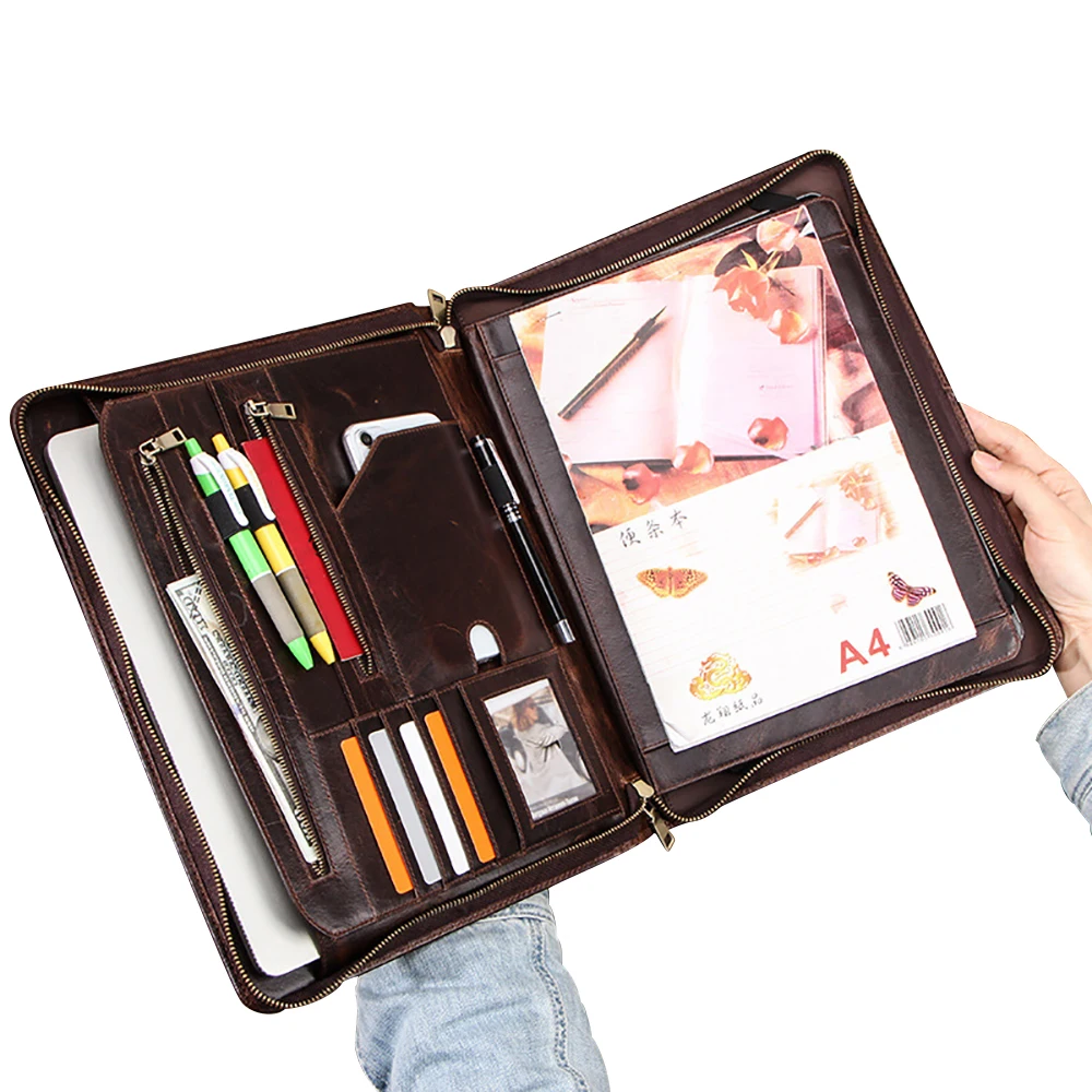 Деловая папка-портфель из натуральной кожи на молнии, папка-книжка с блокнотом размером с буквами для ноутбука 13 дюймов