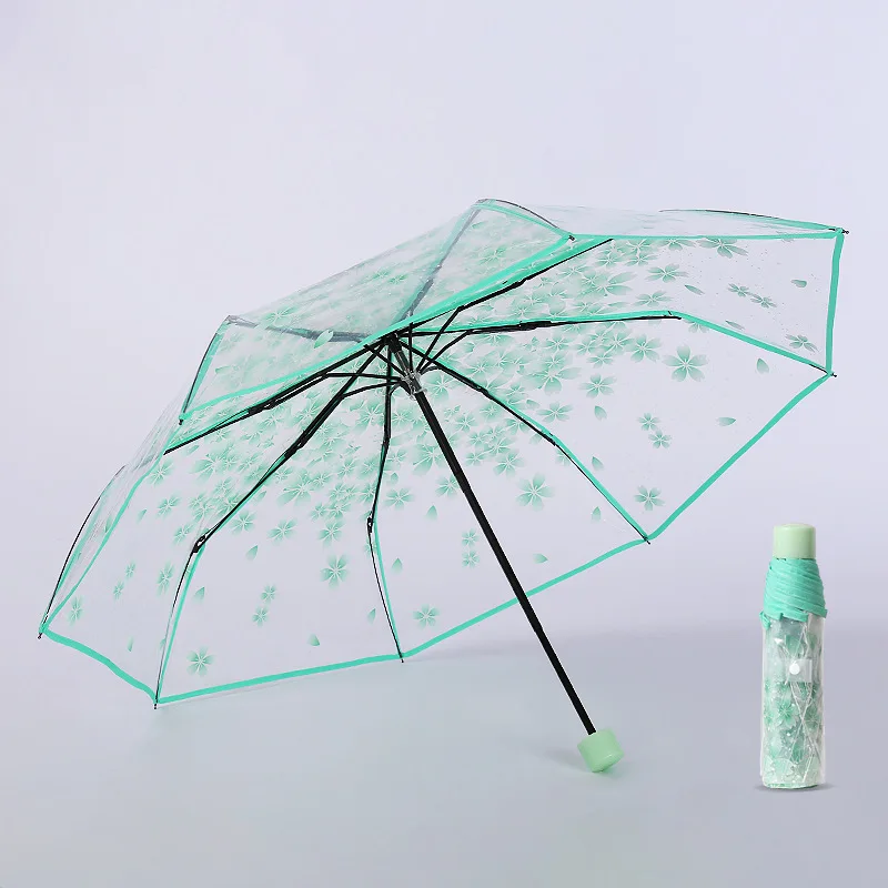 Manual Open And Close POE Transparent Strong Waterproof Romantic Cherry Blossom Umbrella