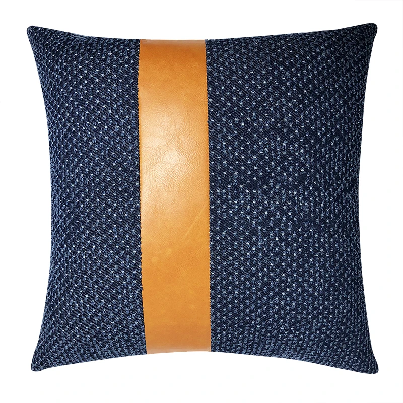 BUTI Denim Western Home Decor Pillow Case Faux Leather Accent Throw Covers Modern Decor Pillow cover 18 18 Inch (Navy Blue)