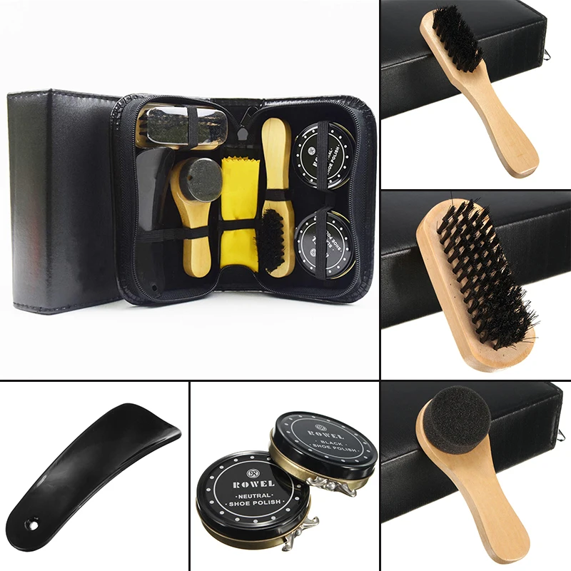 8 Pcs/Set Pro Shoes Care Kit Shoe Shine Box Bamboo Wooden  Cleaning Set Brush Shine Polishing Tool For Leather Shoes
