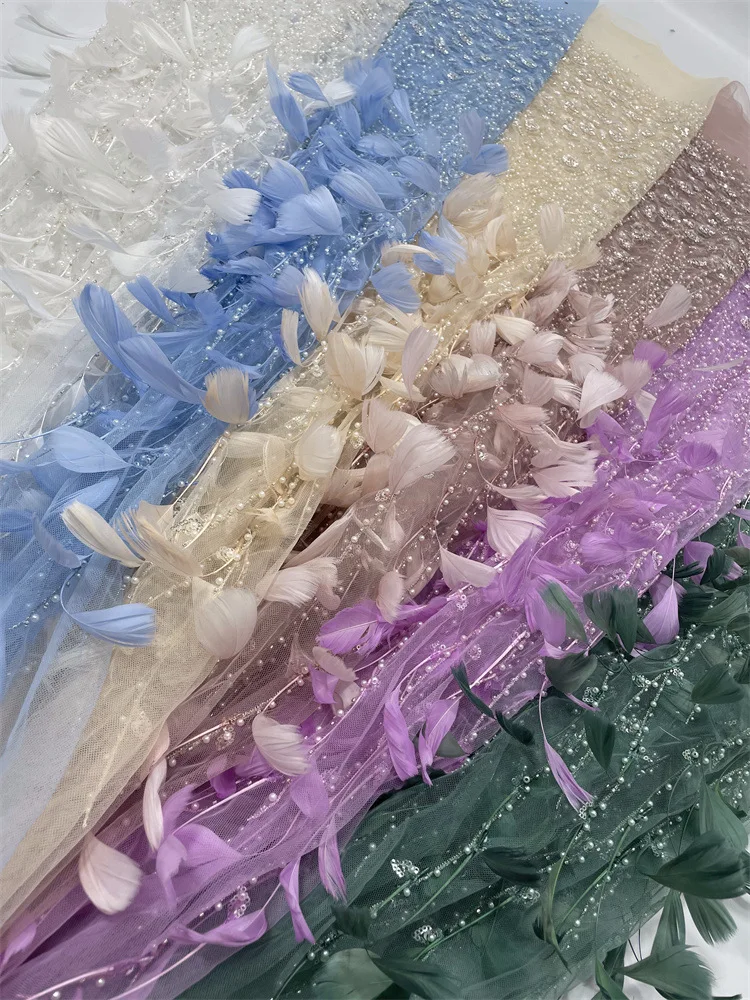 DS Factory Wholesale Feather Beads Sequin Embroidered Mesh Wedding Dress Fairy Dress Fabric