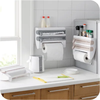 Plastic Wrap Dispenser Kitchen Cling Film Foil Dispenser With Spice Sauce Bottle Storage Holder