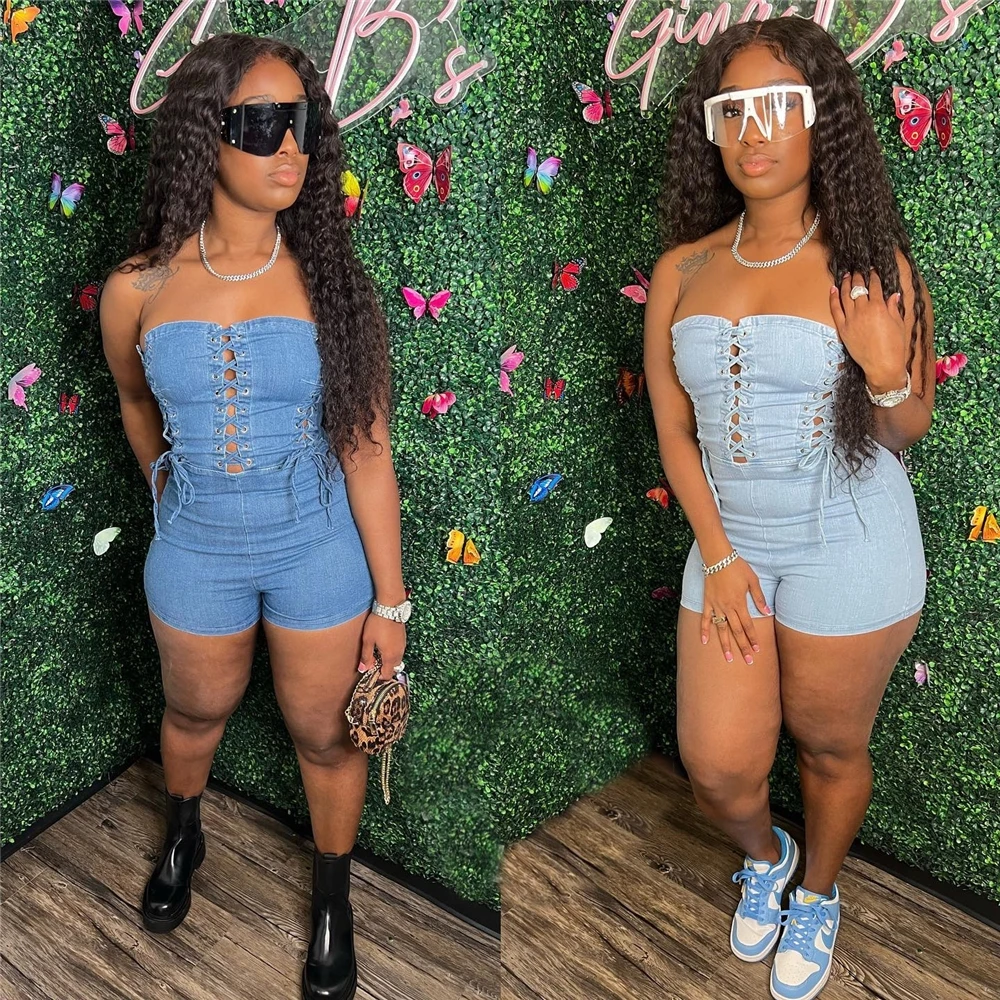 New Fashion Summer Rompers for Women One Piece Jumpsuit 2022 Short Tight Strapless Hollow Out Lace Up Denim Jean Jumpsuit
