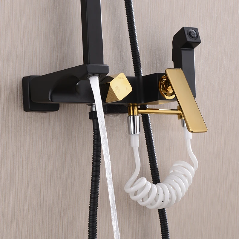 Black Gold Shower System Cold And Hot Water Mixer 4 Functions Contemporary Shower Faucets Bathroom Shower Set