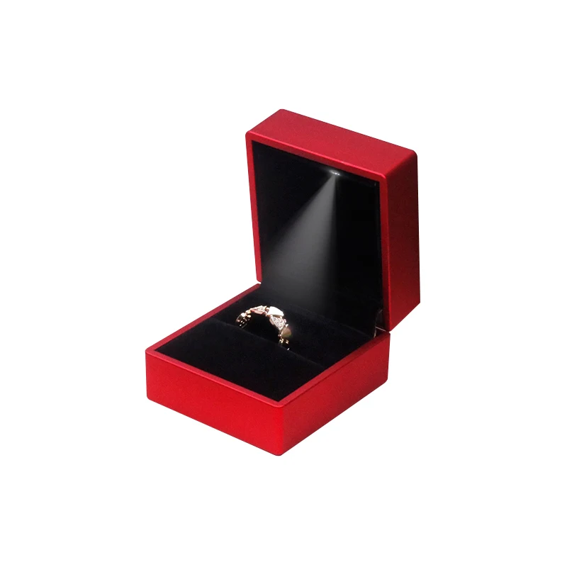Classic Luxury Red Pu Leather LED Ring Packaging Box Custom Logo Plastic Jewelry Ring Box with Velvet Lining