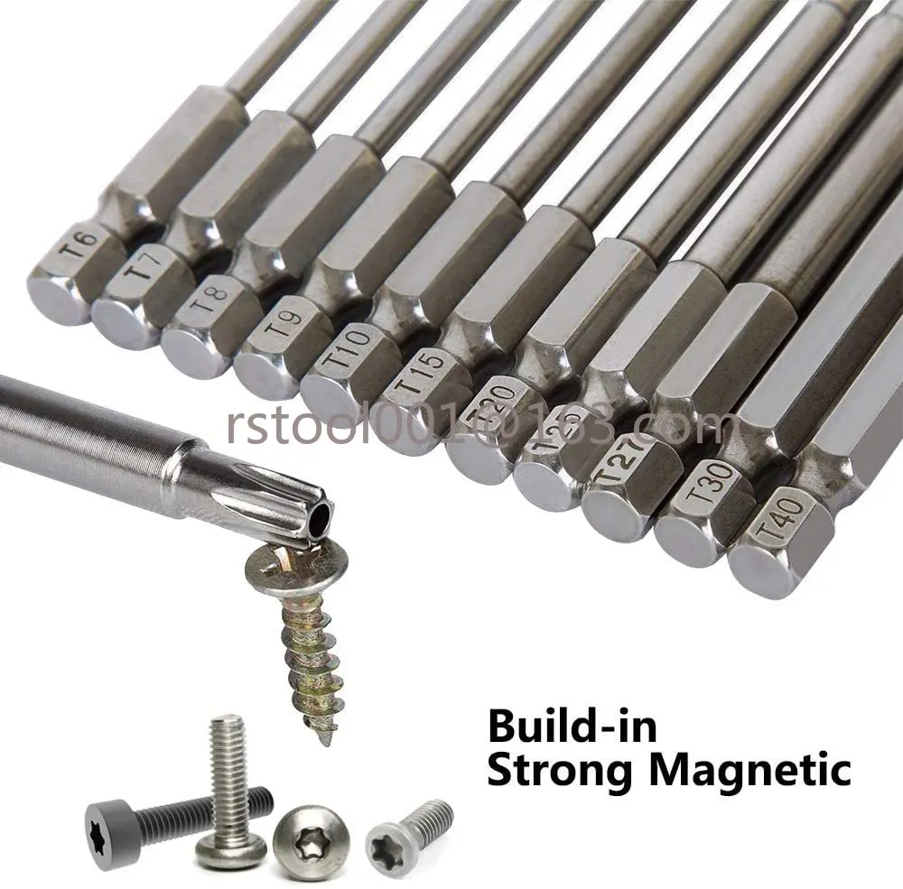 11pcs Torx Screwdriver Bits Set With Hole T6 T8 T9 T10 T15 T20 T25 T27 T30 T35 T40 1/4 Inch Hex Shank, 75mm/3 Inch Long