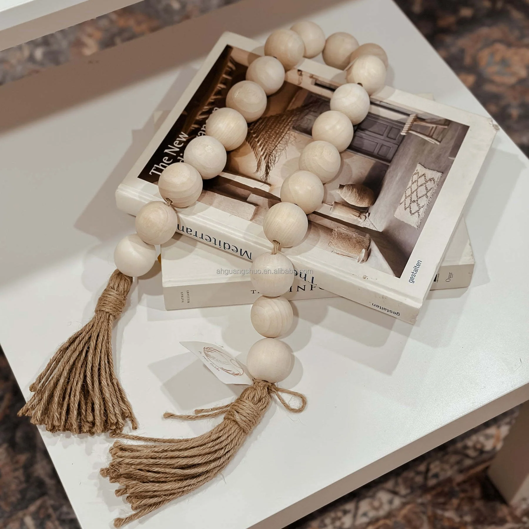 Oversized Farmhouse Beads/Rustic Farmhouse Decor Decorative With Twine/Wood Bead Garland with Tassel