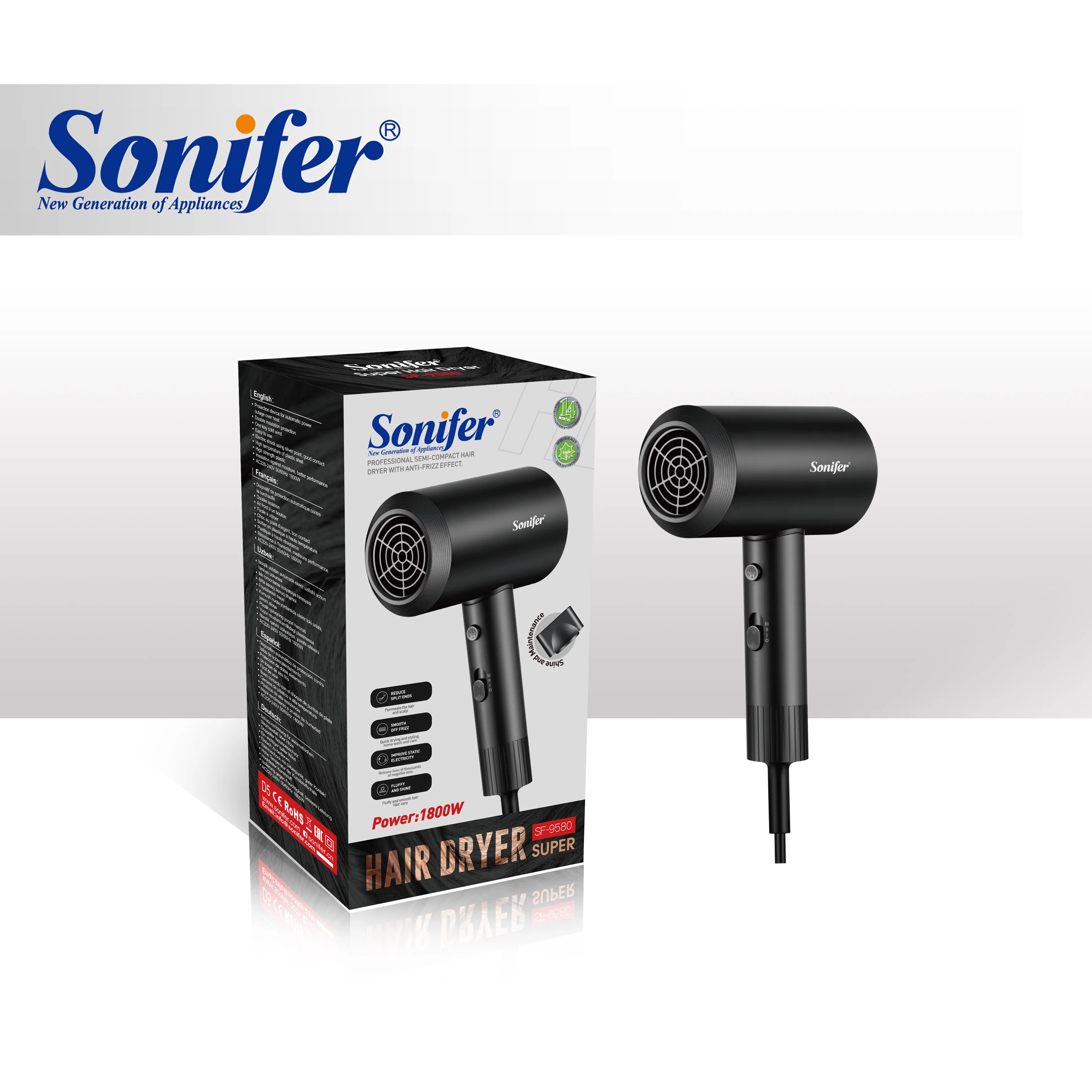 Sonifer SF-9580 new arrival household 1800w high power women small electric travel hair dryer