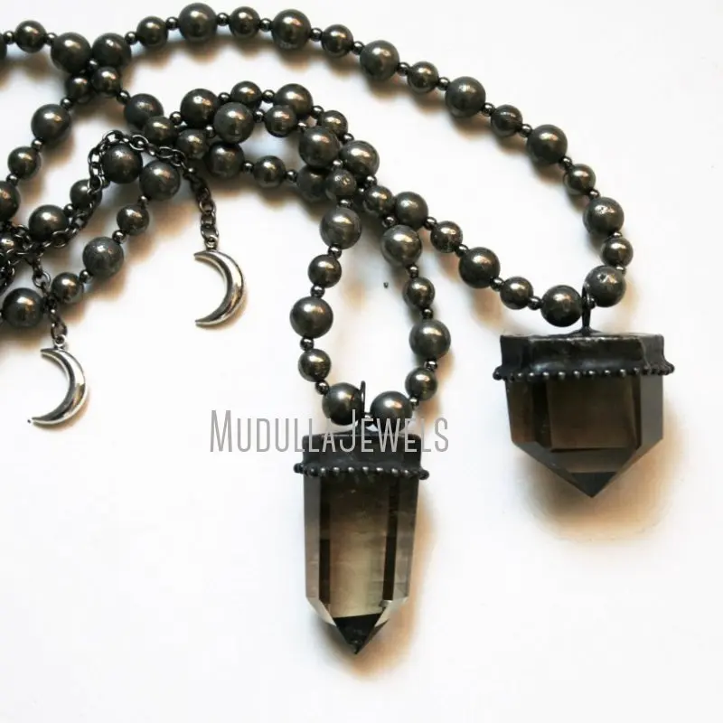 NM43162 Soldered Jewelry Natural Gemstone Pyrite Smoky Quartz Crystal Hexagonal Prism Pendant Beaded Necklace Gothic Accessories