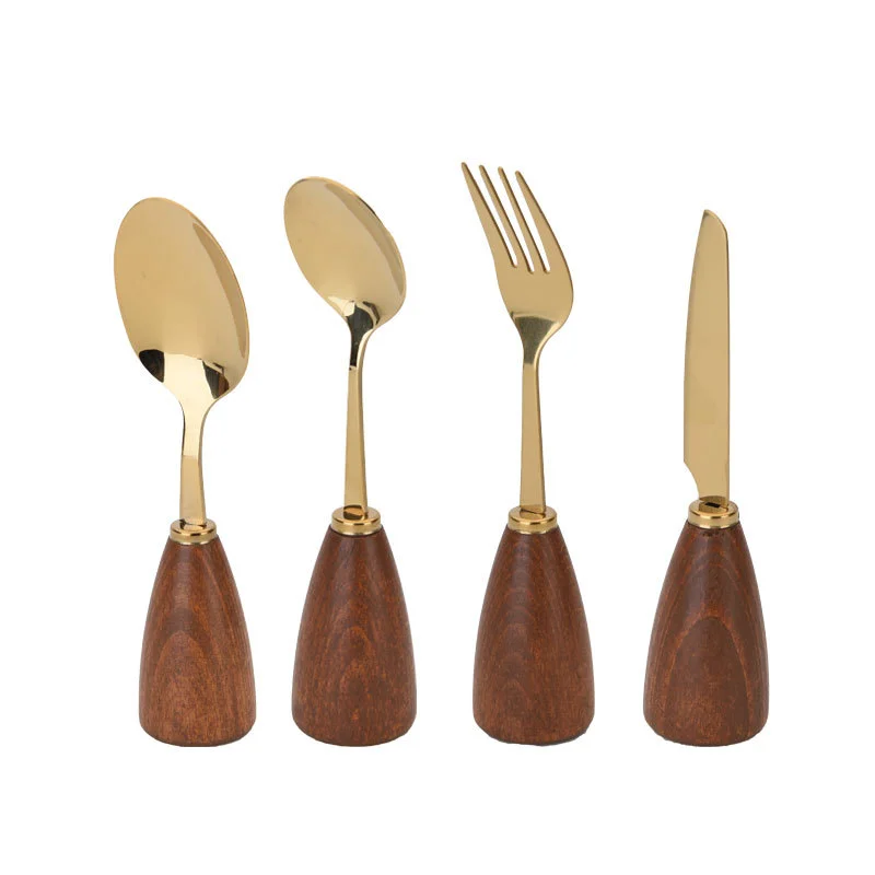 New Wooden short Handle Tableware Gold-Plated Light Luxury Knife Fork Spoon Flatware