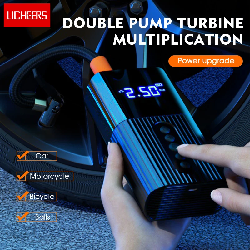 
Licheer Tire Inflators MINI Portable Car Motorcycle Bicycle Air Pump 6000mAh Battery Powered Operated Car Tyre Inflators 
