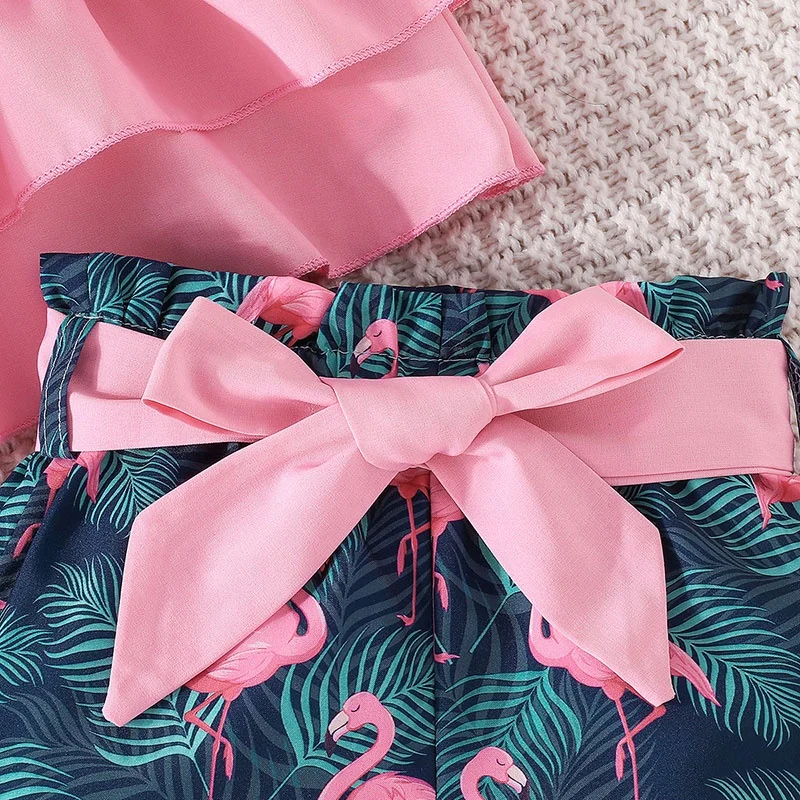 2Pcs Set 6 - 3 Years Newborn Baby Girl Fashion Cotton Sleeveless Croptop and Cartoon Flamingo Shorts Summer