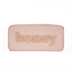 Wholesale Pink Waterproof Nylon Makeup Cosmetic Travel Embroidery Train Case Brush Terry Towel Cosmetics Bag For Girl