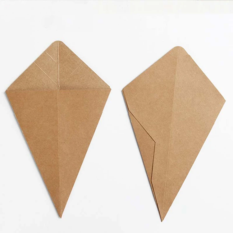 Customized Logo Disposable French Fries Packaging Cone-Shaped Food Popcorn Triangle Mini Paper Cone Box with Sauce Trough