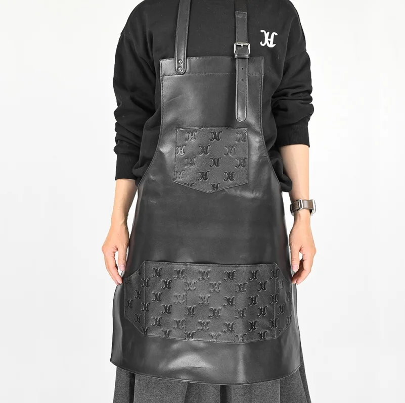 custom LOGO black genuine leather artisan cooking barbecue kitchen bartender woodworking hairdresser chef apron