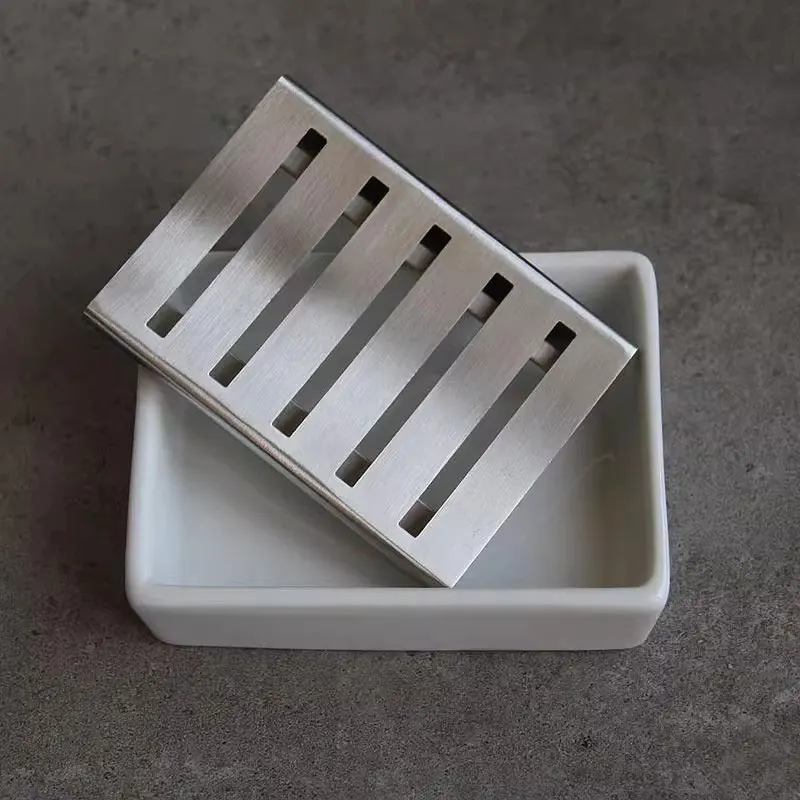 Black Ceramic Soap Dish Stainless Steel Soap Holder for Bathroom and Shower Double Layer Draining Soap Box