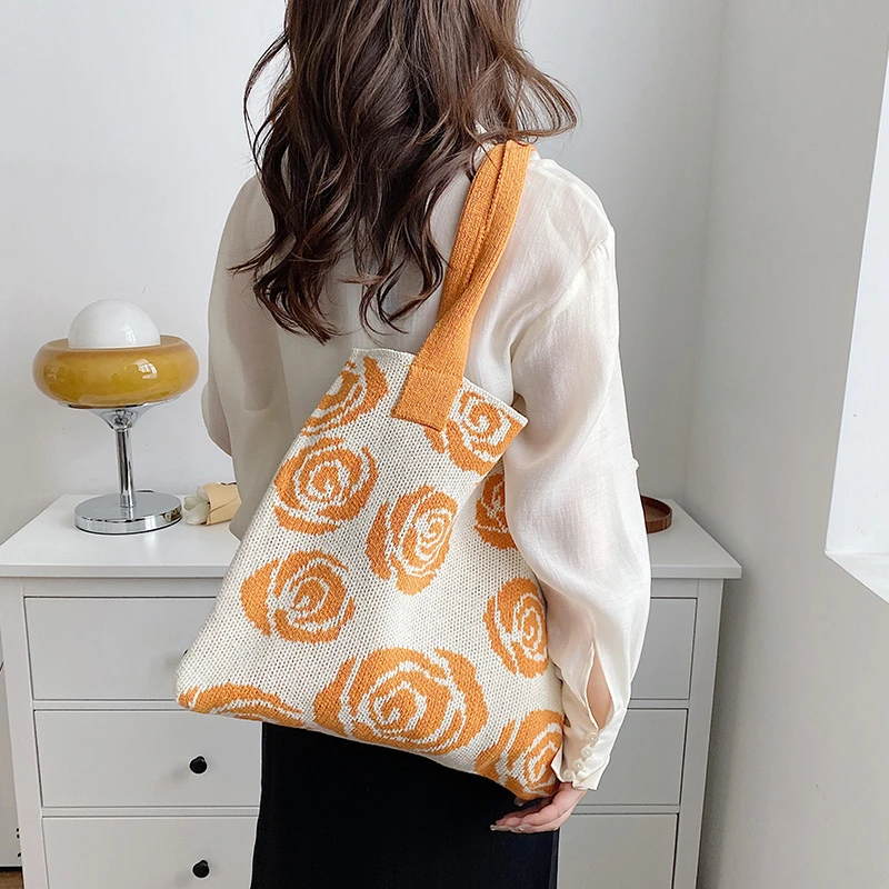 Factory Wholesale Rose Pattern Crochet Handbag Women Large Capacity Shoulder Bag Knitted Tote Bag