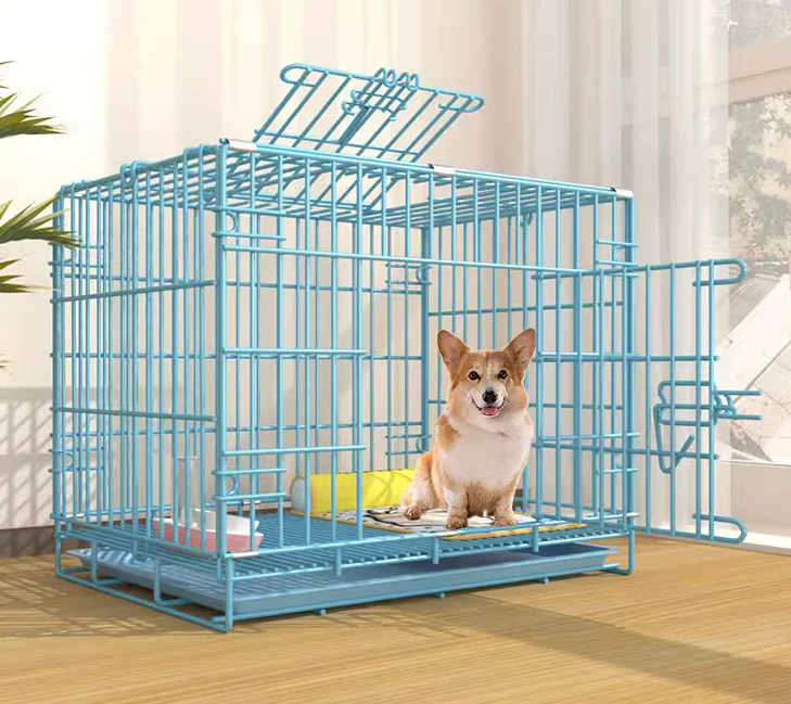 Foldable Metal Wire Animal Pet Dog Cages Crate With Leak-Proof Toilet Tray Pan Single Door Feeding Window