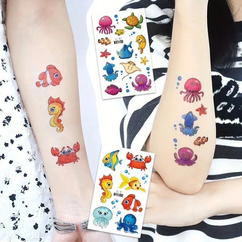 12 Sheets Glitter Ocean Sea Animals Temporary Tattoos Sticker For Boys Girls, Cute Design Cartoon Waterproof Tattoos Sticker