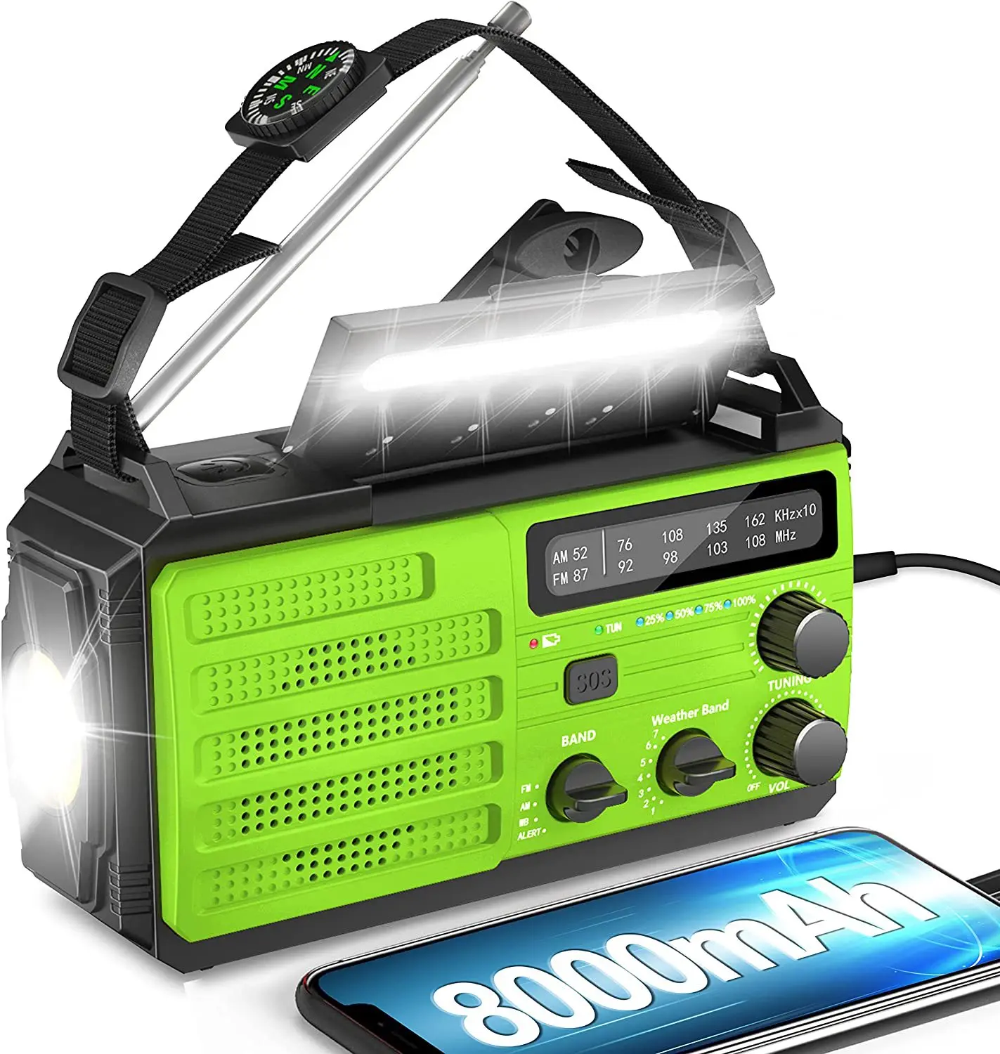 2022 New Arrival Portable Dynamo Hand Crank Solar Charing FM AM NOAA Multiband Radio with Speaker Flashlight LED Lamp Compass