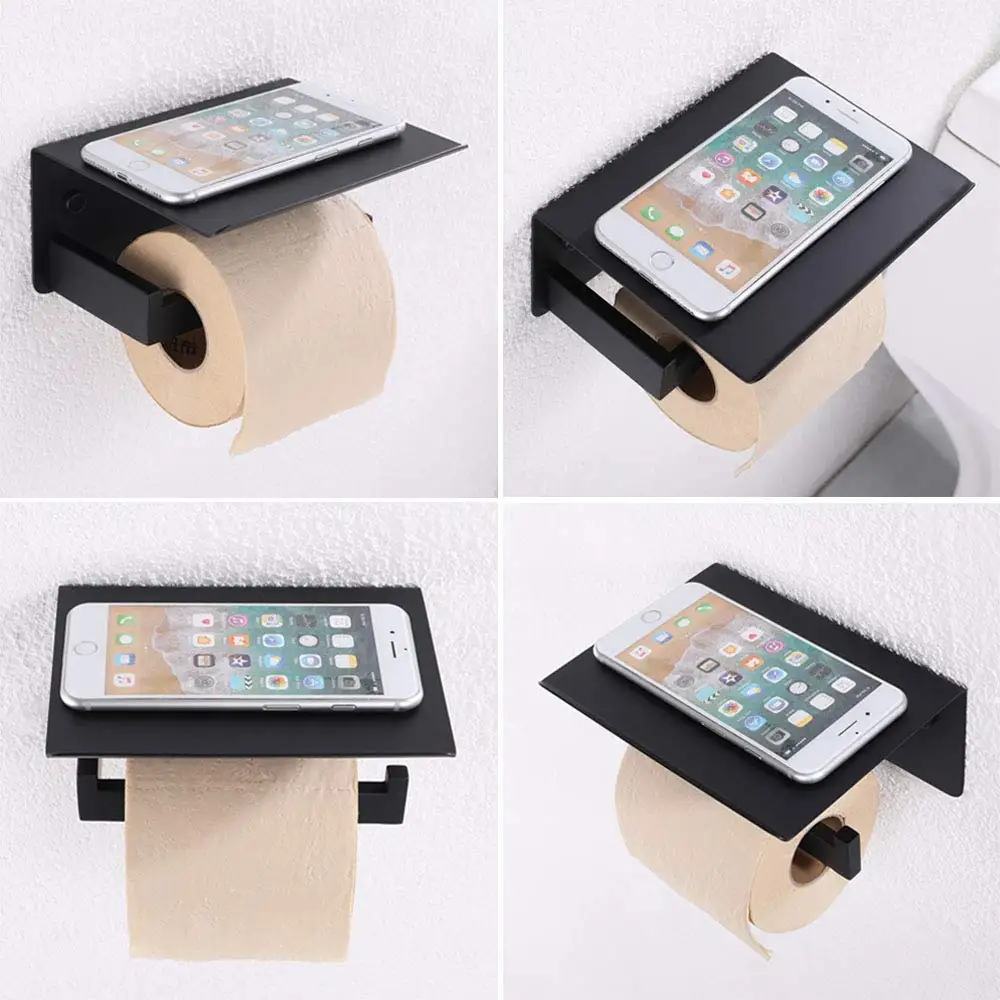 Rustproof Self Adhesive Toilet Paper Holder with Phone Shelf SUS304 Stainless Steel Wall Mounted Toilet Paper Tissue Roll Holder