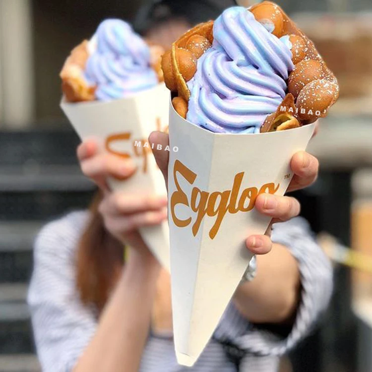 Custom Design Bubble Waffle Paper Cone Print Bubble Waffle Ice Cream Cones Paper Box Takeaway Food Packaging Waffle Paper Cone