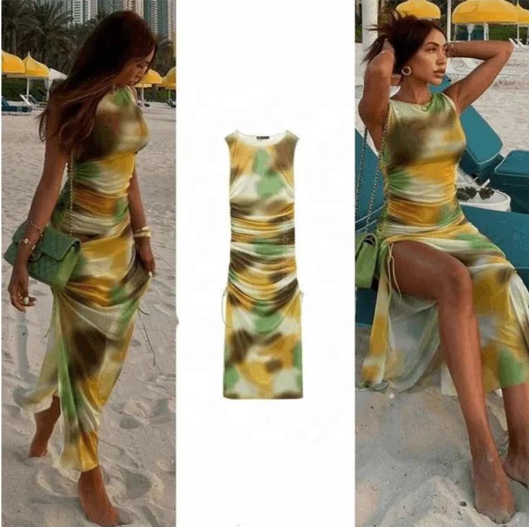 ZHEZHE Summer Latest High Quality Sleeveless Tank Top Tie Dyed Print Ruched Slit Long Maxi Dress Mesh Beach Dresses