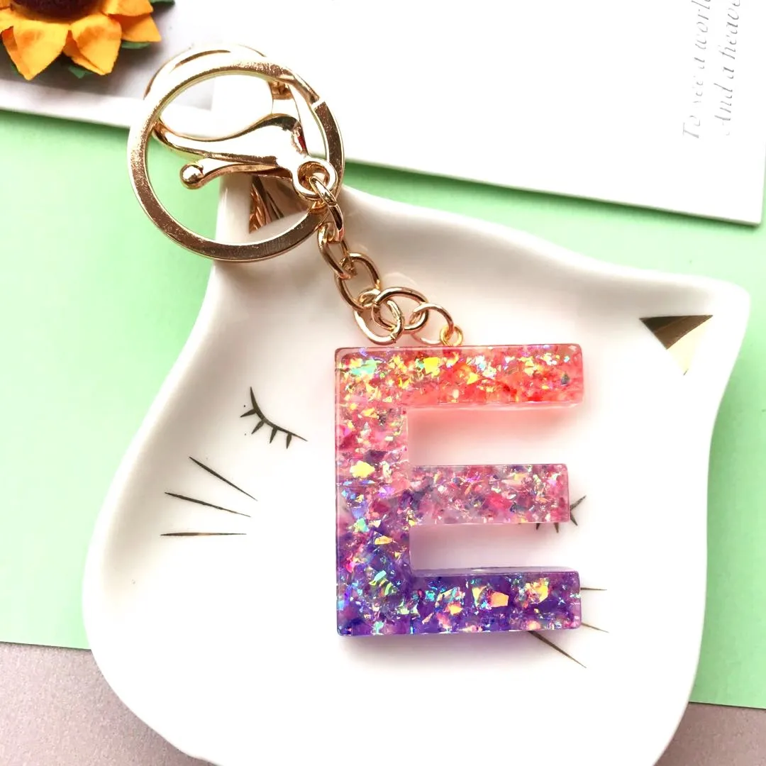 Trendy Glitter Resin Initial Alphabet Letter Pendant Keychain For Women A-z Jewelry Sequined Resin Key Chain Bag Accessories