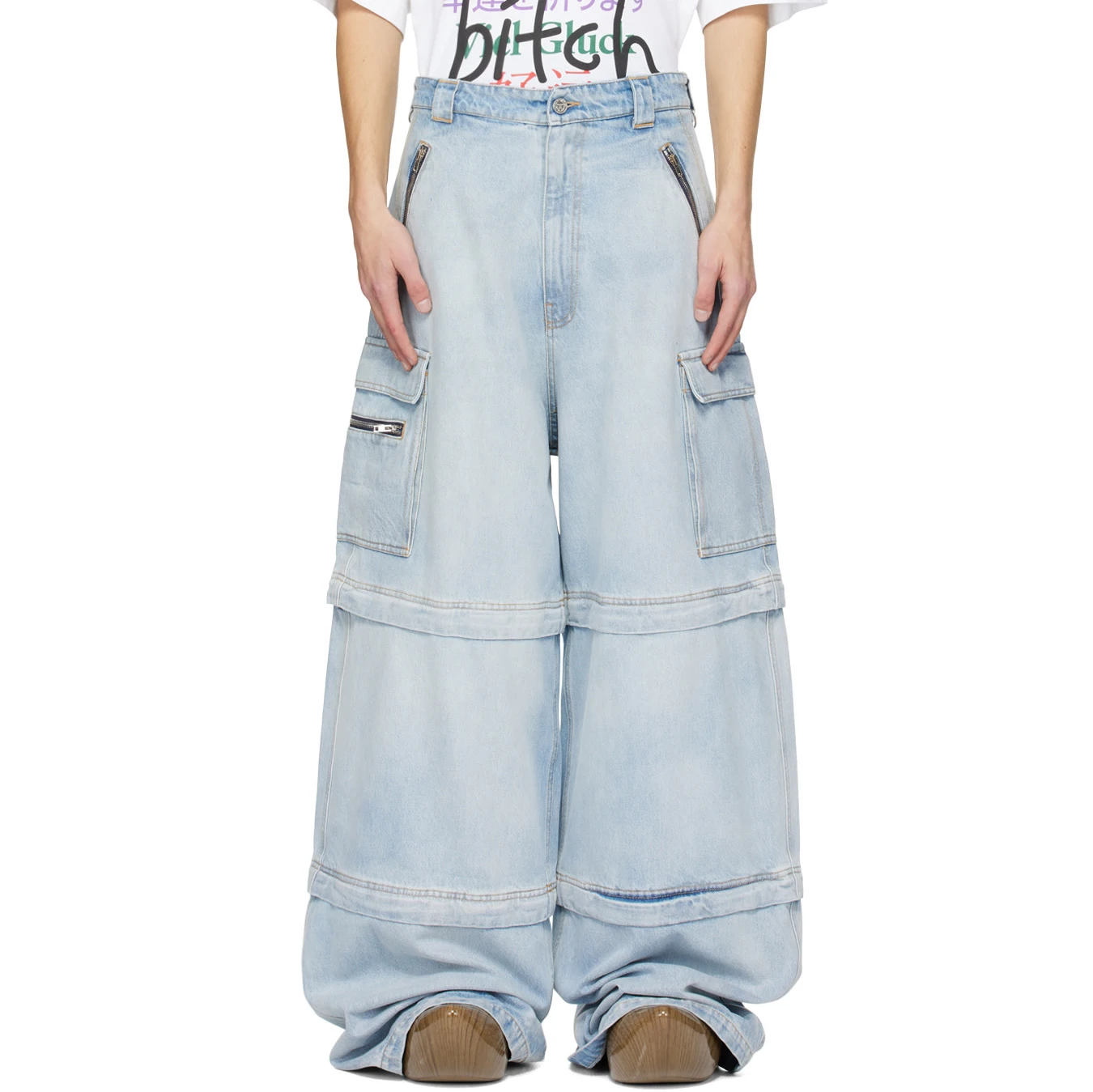 OEM Custom Logo Low Moq Streetwear Light Blue Plain Wide Leg Pants Washed Zip Off Baggy Jeans Men