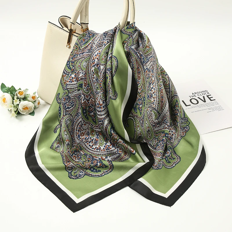 Fashion 70*70cm Muslim Hairband Handkerchief Square Printed Hijab Bandana Cashew Satin Silk Scarf For Woman