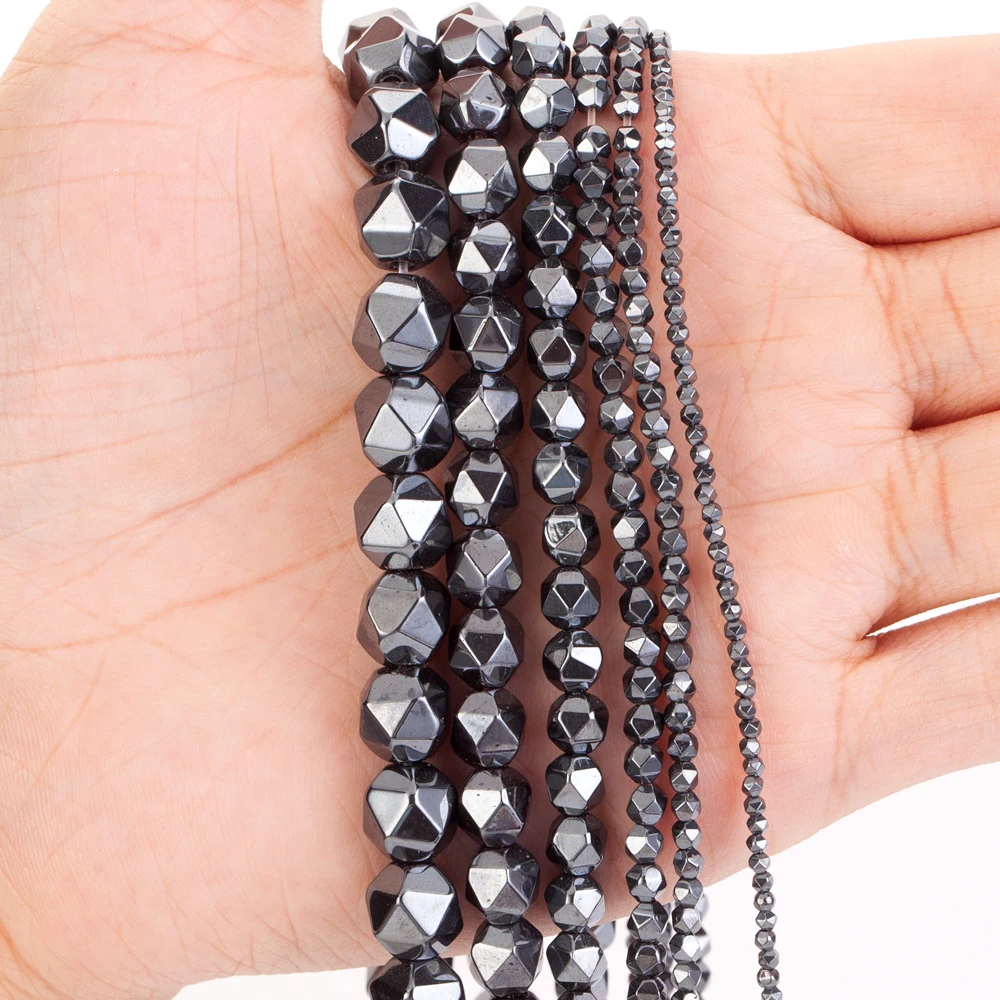 AsVrai U Natural AA+ Black Hematite Stone 24 Face Faceted Loose Spacer Beads For Jewelry Making Bracelet Handmade 15'