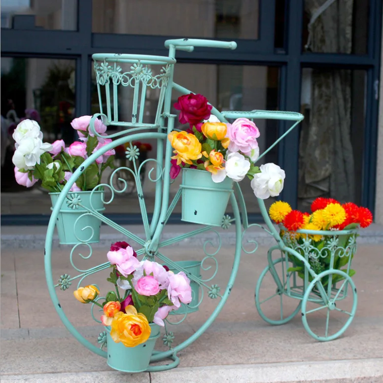 Good quality Outdoor Balcony Creative Nordic Garden Metal Bicycle Flower Plant Stand Rust free Metal Tricycle Flower Rack Holder