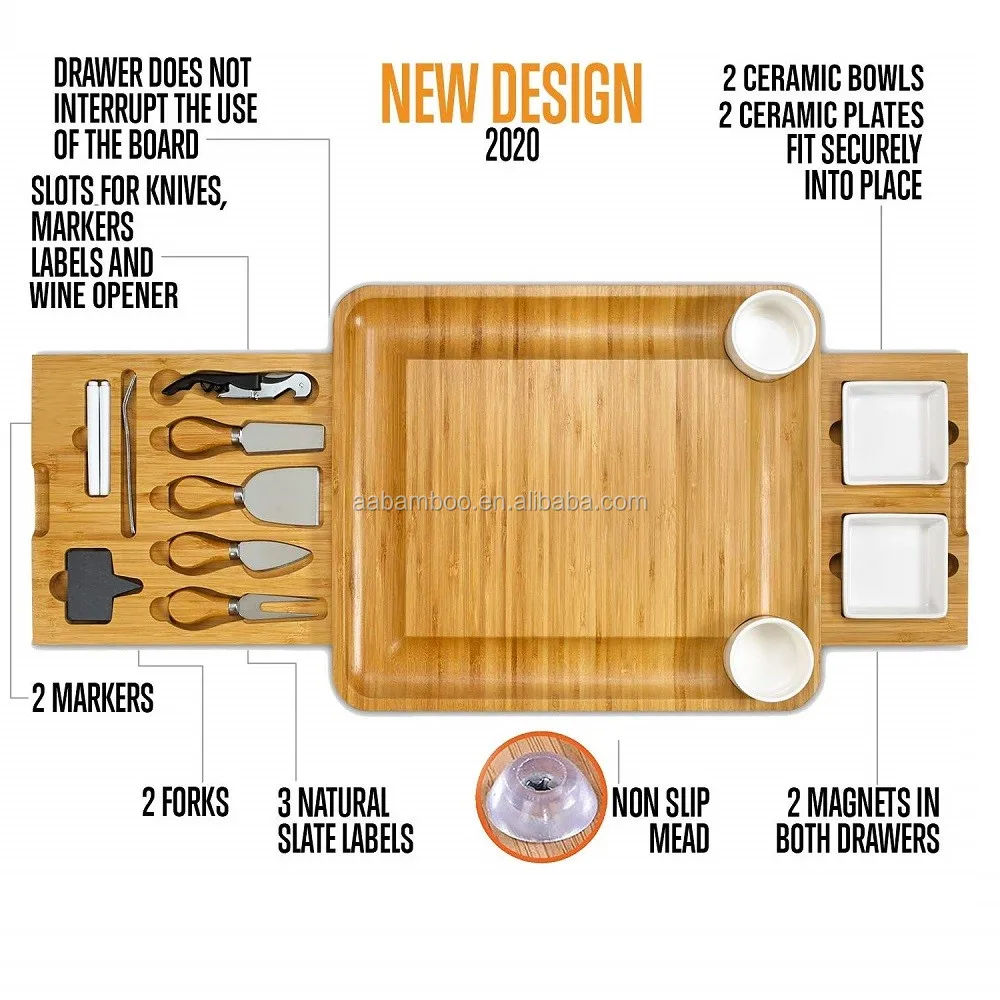 Wooden bamboo cheeseboard with 2 knives drawers