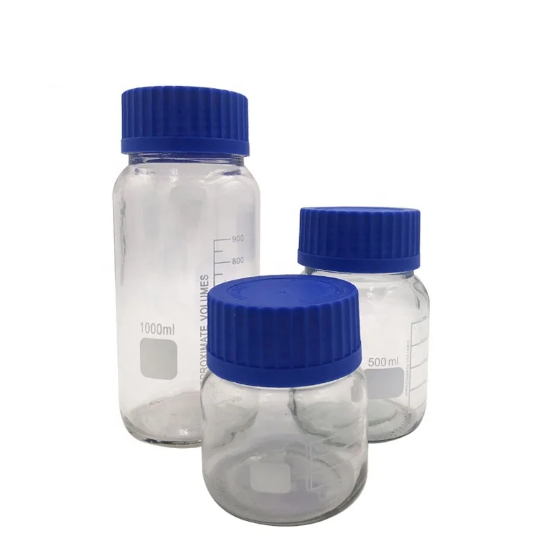 Лабораторная герметичная стеклянная бутылка-реагент с широким горлом и закручивающейся синей крышкой объемом 100 мл, 250 мл, 500 мл, 1000 мл