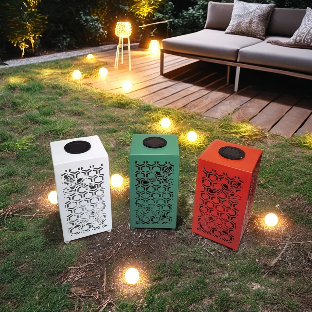 Outdoor Solar & Battery Powered LED Lantern with Bee Pattern Waterproof Iron Body Red & Green for Garden Patio Decor Yard Decor