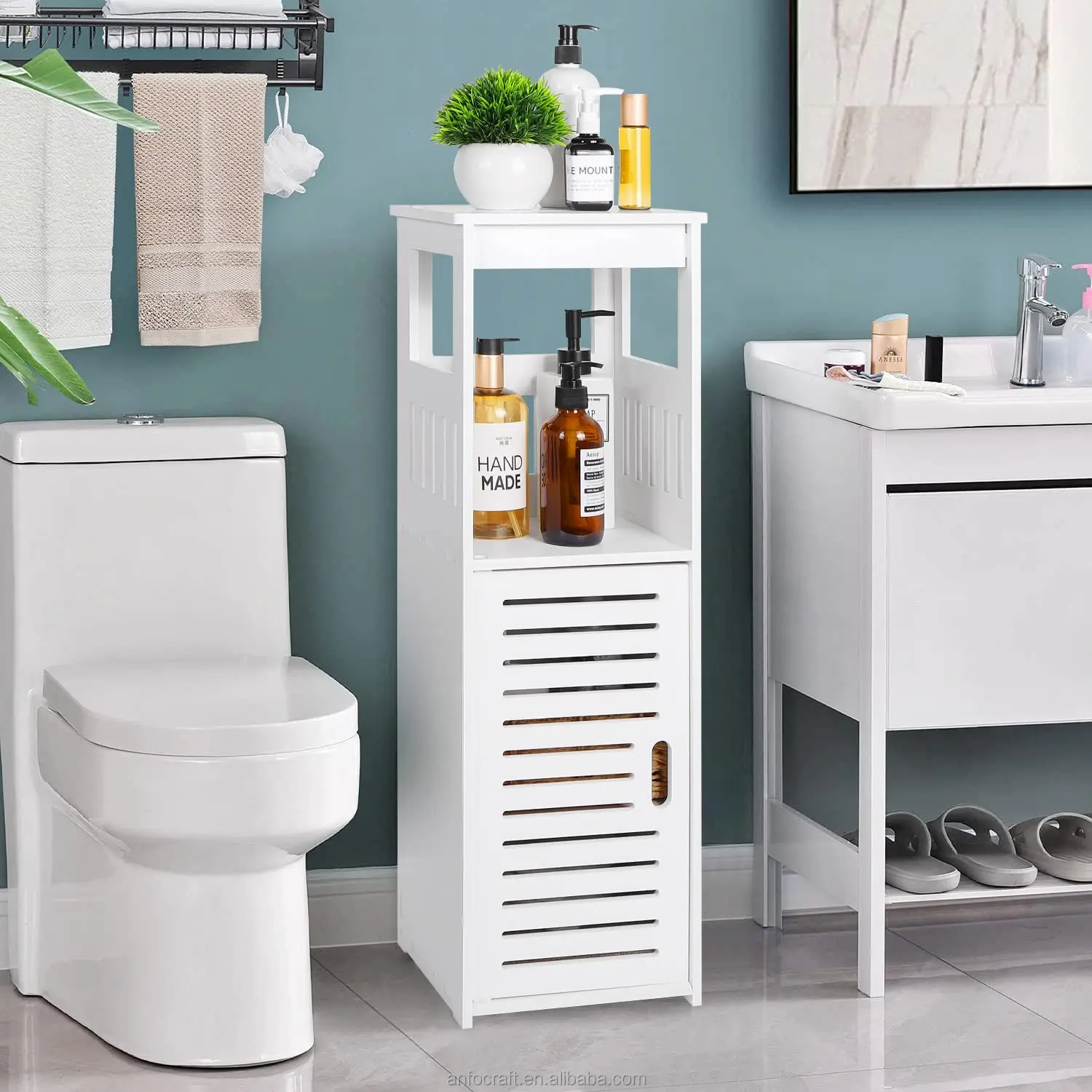 Bathroom Bamboo Storage Cabinet Freestanding Floor Cabinet with Door for Shoes Tools in Living Room Bedroom Hallway Kitchen Use