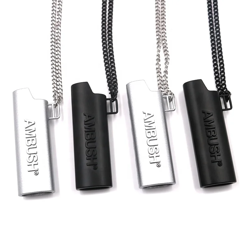 High Quality Custom embossed logo Matte black silver Lighter Case Necklace  With Pendant