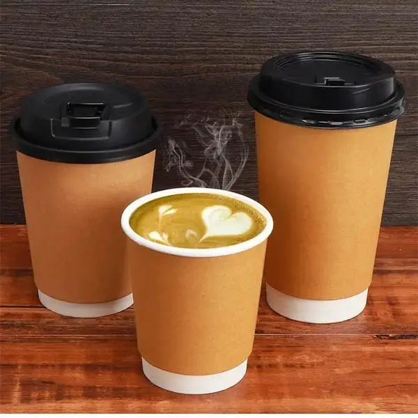 XYA Customized 8oz 16oz Craft Paper Cups Double Wall Kraft Paper Hot Coffee Plastic Cover Personalized Printing Hot Beverages