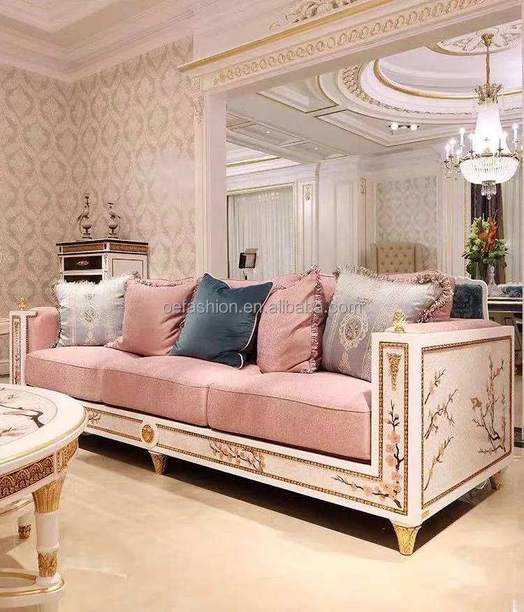 OE-FASHION home furniture livingroom villa wooden  foshan shunde pink curved back fabric couch luxury barqque  style sofa set